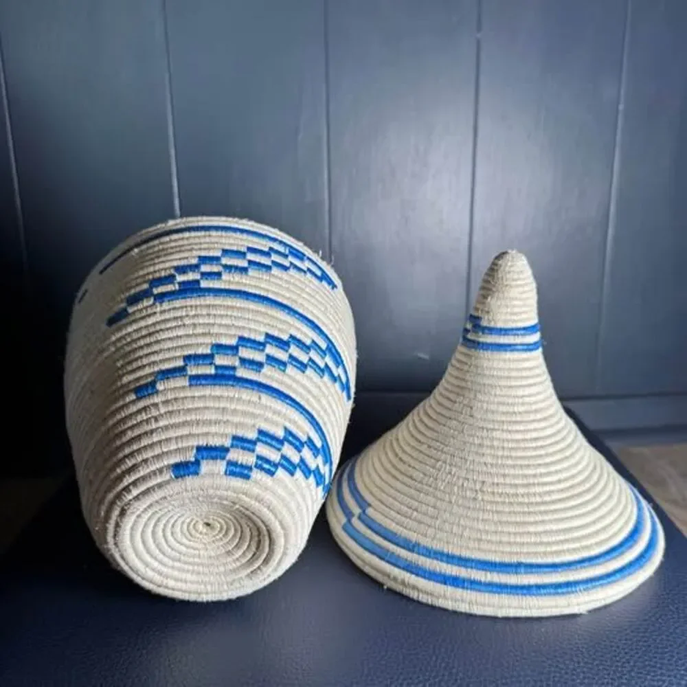 Authentic Rwandan Agaseke Peace Basket Handwoven Blue & Cream Sisal 13